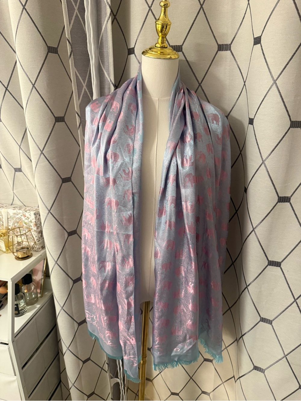 Thai Silk Light Blue and Pink Elephant Animal Jacquard Scarf - Women Accessories